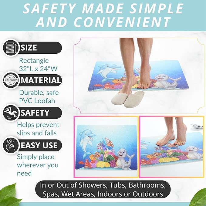 Enkosi Loofah Non-Slip Shower Mat - Shower Floors, Bathtub, Bathrooms, Wet Areas - Cushioned Bath Mat with Drain Holes - Quick Dry PVC, Secure Safety Pad Without Suction Cups (32x24 Dolphin) - Image 3