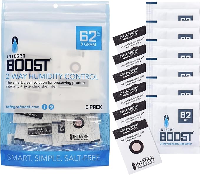Integra Boost 62% RH Level - 8 Gram Size - Two-Way Humidity Control Pack - Includes Replacement Indicator Cards - Food Storage & Herbs Moisture Balancer for Up to 1oz (Pack of 6) by IntegraSpecialtyProducts