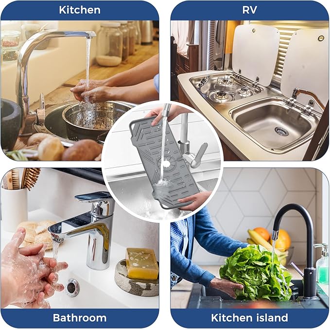 BFONS Silicone Faucet Handle Drip Catcher Drying Tray Mat Dish Soap Sponge Holder Accessories Gadgets for Kitchen Counter Bathroom Kitchen Sink Splash Guard -Grey - Image 7