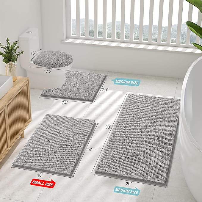 Smiry Luxury Chenille Bathroom Rugs 59x24, Extra Soft and Absorbent Shaggy Bath Mat, Machine Washable, Non-Slip Plush Carpet Runner for Tub, Shower, and Floor, Home Decor Accessories, Light Grey - Image 3