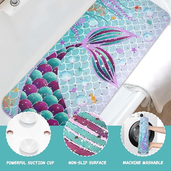 Mermaid Bathtub Mat Non Slip, Cute Baby Bath Mat for Tub Rubber Tub Mat, Kids Bath Mats for Bathroom Little Girls Anti Slip Shower Mat with Suction and Drain Holes Machine Washable, 40″X16″ - Image 3