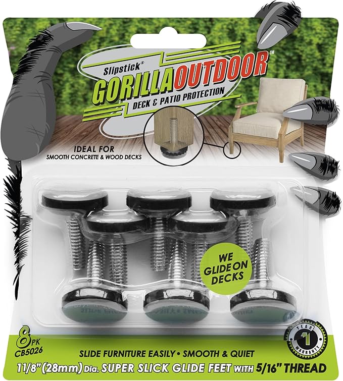 Slipstick Gorilla Outdoor Adjustable Furniture Levelers (8 Pack) Weatherproof Screw in Leg Glides for Chairs, Tables, and Outdoor Furniture Feet, 1-1/8 Inch Slider Glide, 5/16"-18 BSW Thread by Slipstick