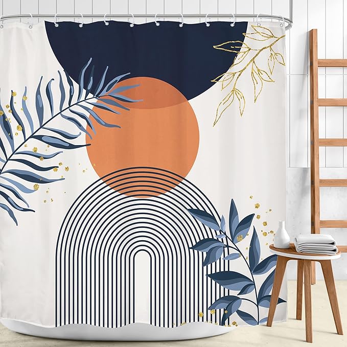 Navy Blue Boho Shower Curtain 72Wx72H Modern Abstract Bohemian Blue Gold Leaves Orange Minimalist Mid Century Plant Bathroom Decor Neutral Geometric Bath Curtain Fabric Polyester 12 Pack Hooks - Image 2