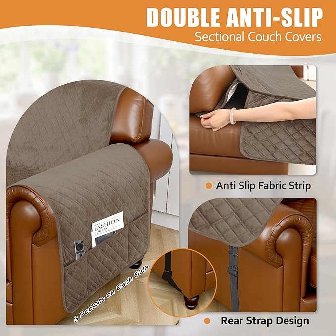 Arfntevss Waterproof Sectional Couch Covers L Shape Washable Velvet Sofa Cover for Sectional Non Slip U Shaped Corner Sofa Slipcover Sets Dog 6 Pcs Universal Furniture Protector (Light Brown, Small) - Image 4