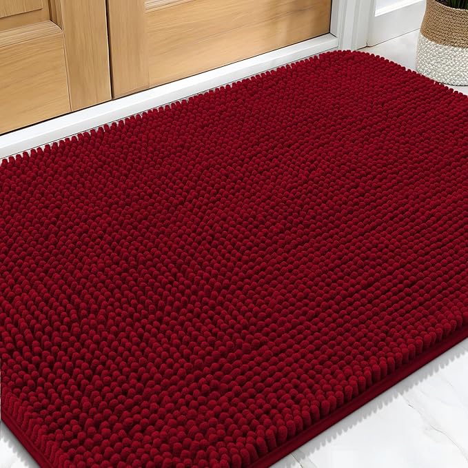 OLANLY Dog Door Mat for Muddy Paws 30x20, Absorbs Moisture and Dirt, Absorbent Non-Slip Washable Doormat, Quick Dry Chenille Mud Mat for Dogs, Entry Indoor Entryway Carpet for Inside Floor, Red by OLANLY