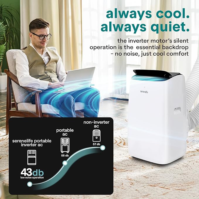 SereneLife 14000 BTU Ultra Quiet Portable Inverter Air Conditioner, Smart Cooling & Heating with WiFi, Energy Efficient, For Bedrooms, Living Spaces & Offices, 650 Sq Ft Coverage - Image 4