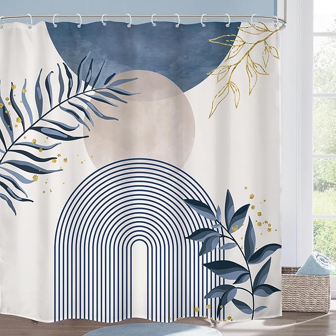 Blue Boho Shower Curtain 72Wx72H Modern Bohemian Abstract Leaves Plant Botanical Grey Mid Century Minimalist Arch Bathroom Decor Geometric Neutral Bath Curtain Fabric Polyester 12 Pack Hook by MitpokBrand