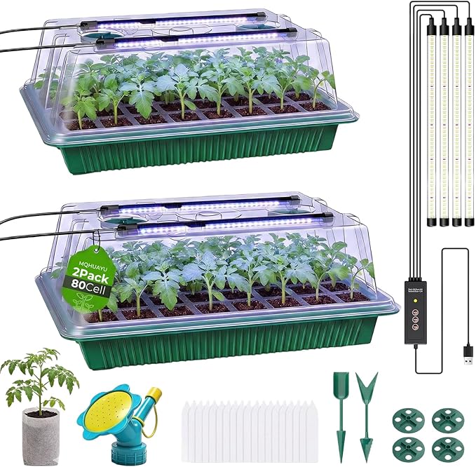 Seed Starter Tray with Grow Light, 2 Pack 80-Cell Seedling Starter Kit with Smart Timer & Humidity Dome, Indoor Plant Germination Kit with 100pcs Nursery Bags & 2-in-1 Sprinkler for Seed Starting by MQHUAYU