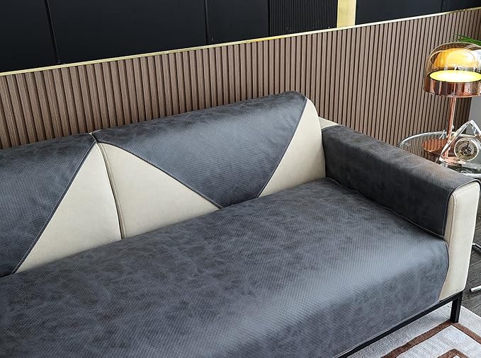 Faux Leather Waterproof Couch Sofa Cover Vintage PU Sectional Couch Cover Non Slip Sofa Slipcover Furniture Protector for Kids Dogs Cats (Gray,28"x47") - Image 6
