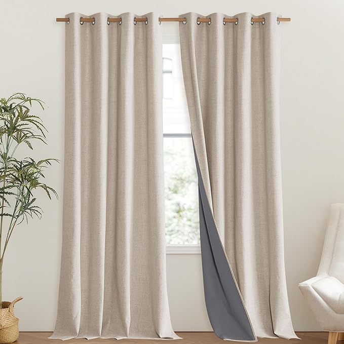 NICETOWN 100% Blackout Cream Linen Curtains 95 inches Length for Dining Room, 2 Panels Set, 52" Wide, Farmhouse Style Room Cooling Window Draperies with Thermal Insulated Liners by NICETOWN