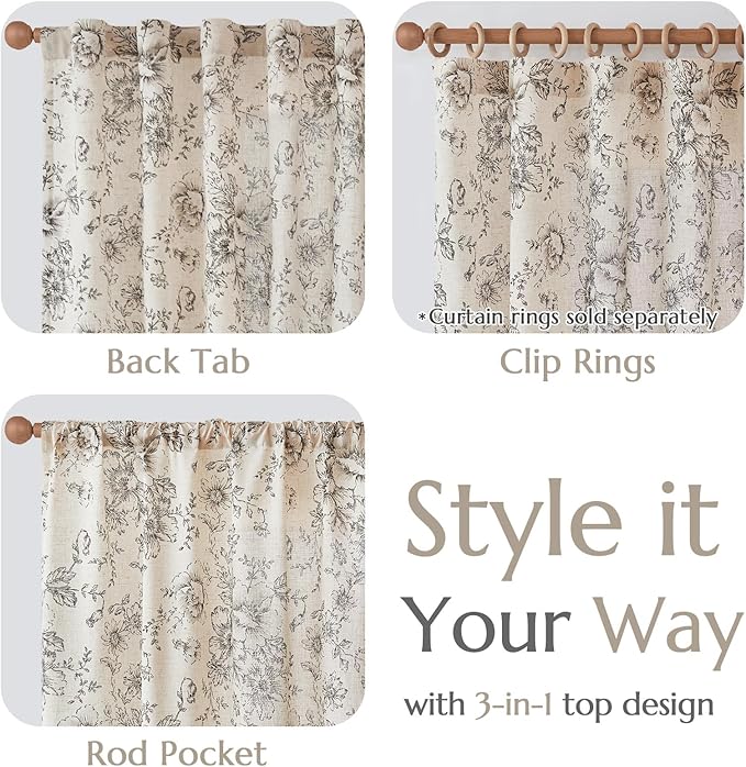 jinchan Lined Linen Blend Curtain Floral Curtains for Living Room 90 Inches Long Black Peony Flower Printed Curtain Back Tab Farmhouse Patterned Drapes Bedroom Window Curtains Set 2 Panels - Image 6