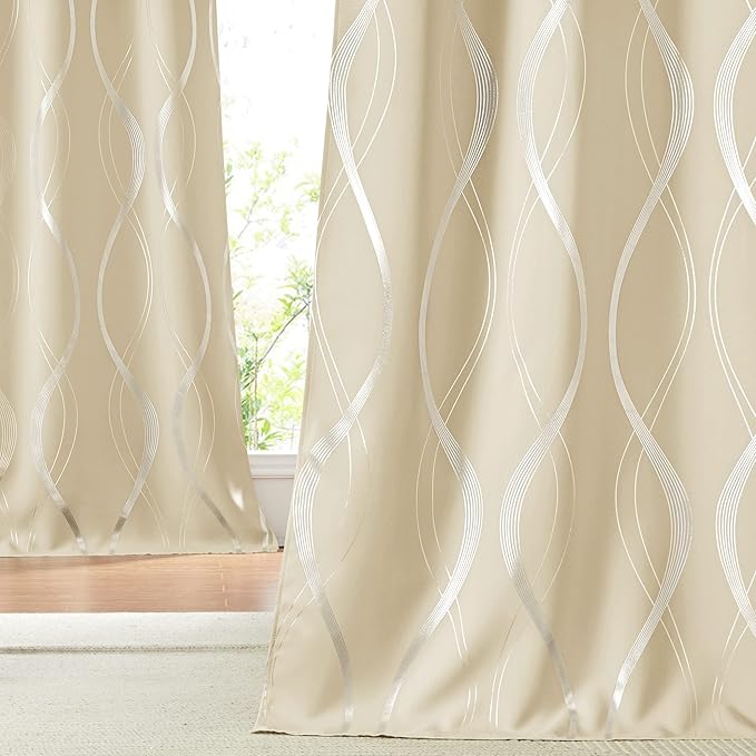 NICETOWN Bedroom Curtains Small Blackout Panels, Biscotti Beige, Set of 2, 42 by 40 Inch, Window Treatment Thermal Insulated Blackout Wave Line Foil Print Design Curtains for Kitchen, Cafe, Loft by NICETOWN