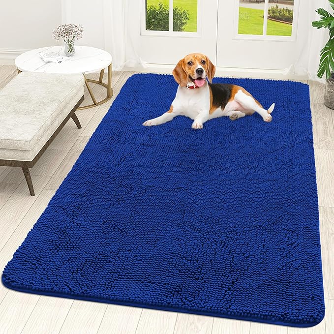 OLANLY Dog Door Mat for Muddy Paws 59x35, Absorbs Moisture and Dirt, Absorbent Non-Slip Washable Doormat, Quick Dry Chenille Mud Mat for Dogs, Entry Indoor Entryway Carpet for Inside Floor, Royal Blue by OLANLY
