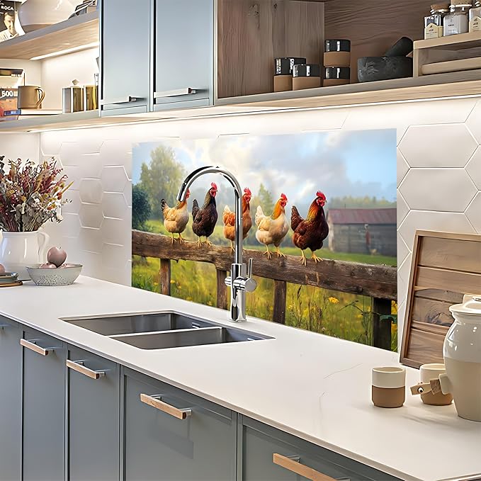 NYZE Kitchen Backsplash Stickers Waterproof Stove Backsplash Protector, 30 X 16 inch Removable Chicken Wallpaper with Wall Art Decor for Stove Cooking Area(Farm Chicken Flock) - Image 7