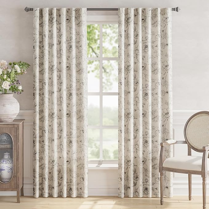 jinchan Linen Floral Curtains for Living Room 84 Inch Length Grey Flower Curtain Rod Pocket Back Tab Farmhouse Curtains with Printed Floral Bedroom Window Curtain Set, 2 Panels Gray - Image 2
