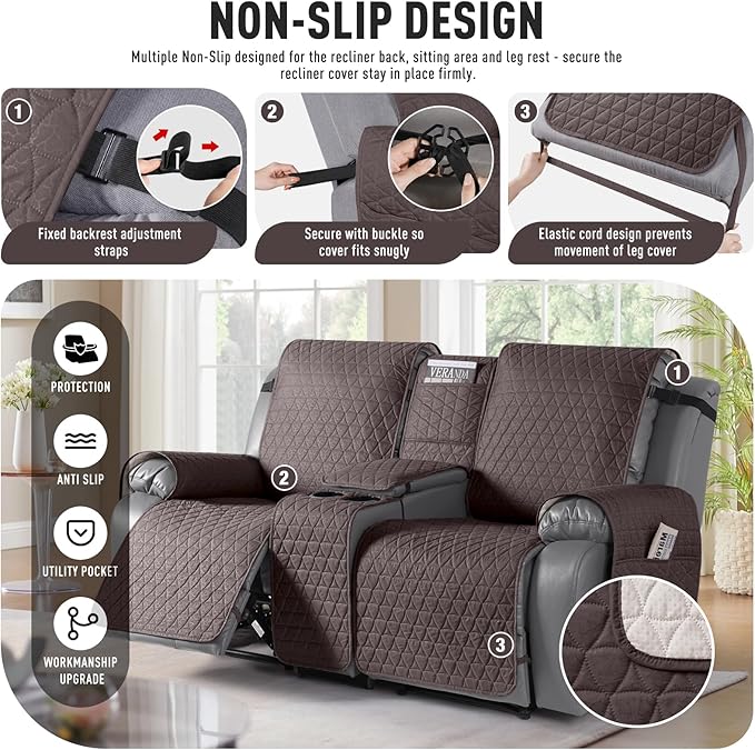 TAOCOCO 100% Waterproof Loveseat Recliner Cover with Console, Non-Slip Washable Reclining Couch Cover for 2 Seats, Furniture Protector for Dogs, Dark Brown - Image 4