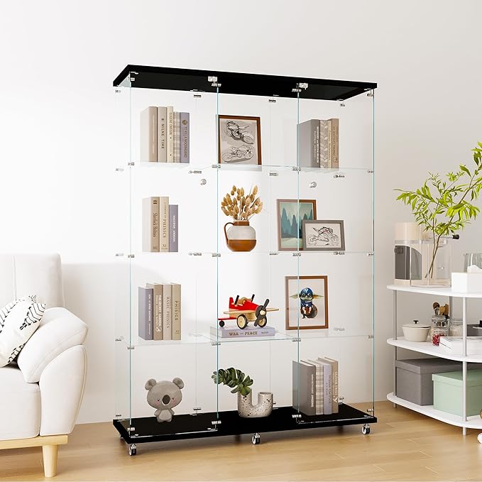 Yoluckea 4 Shelves Glass Display Cabinet Extra Large, Floor Standing Clear Glass Curio Cabinet Collection Display Case for Living Room Bedroom 66.14” x 47.64” x 14.57” Black - Image 4