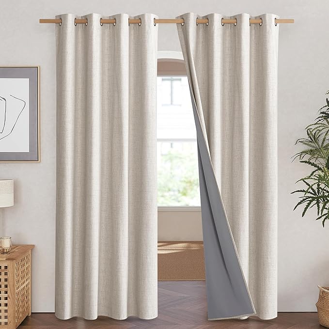 NICETOWN Brich Vintage Open Linen Weave Flax Thermal Curtains, 100% Blackout Curtains 84 inches Long for Dining Room, Soundproof Window Treatment Drapes for Hall Room, 52" Wide Per Panel, Set of 2 - Image 2