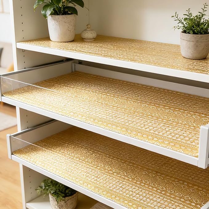 Drawer and Shelf Liner - Gold Geometric Lace Pattern,Non Adhesive Non Slip Waterproof Easy-Clean Shelf Liner for Kitchen Cabinet, Refrigerator, Bathroom, Pantry Storage Drawers, 17 in x 30 Ft - Image 6