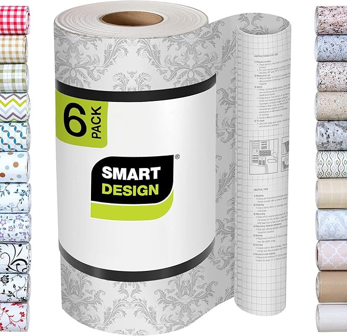 Smart Design Bonded Grip Shelf Liner - 12 Inch x 60 Feet Total (Set of 6 Rolls) - Non Adhesive, Strong Grip Bottom, Easy Clean Kitchen Drawer, Cabinet, Cupboard Dresser Cover - Fleur Gris by PROMART