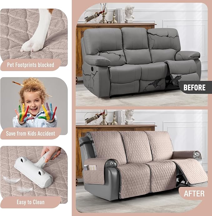 TAOCOCO 100% Waterproof Recliner Cover, Non-Slip Washable Reclining Couch Cover with Elastic Leg Straps, Furniture Protector for Dogs (Peach, 3 Seater) - Image 2