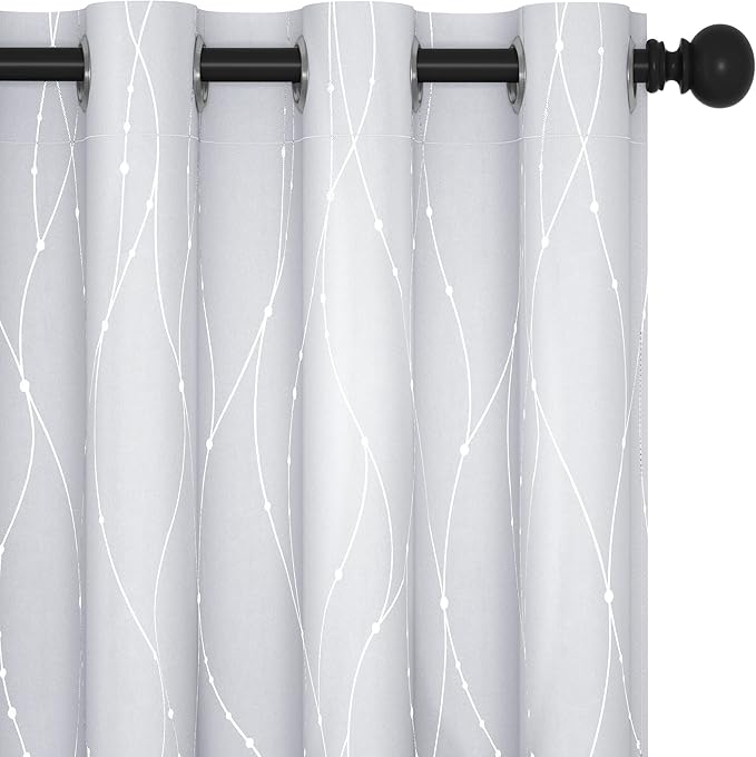 Deconovo Room Darkening Curtains, Greyish White Curtain, Thermal Insulated Noise Reduced Drapes, Silver Wave Dots Print, 52 x 63 Inch Long, Machine Washable Window Panels for Kitchen Bedroom, Set of 2 by Deconovo