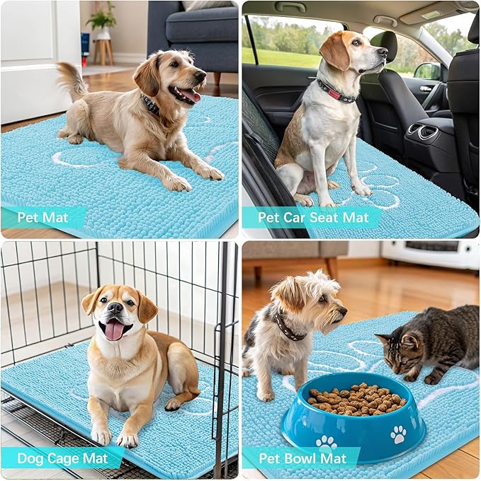 OLANLY Dog Door Mat for Muddy Paws 30x20, Paw Print Design, Absorbs Moisture and Dirt, Absorbent Non-Slip Washable Doormat, Quick Dry Chenille Mud Mat for Dogs, Entry Indoor Entryway Carpet, Blue - Image 7