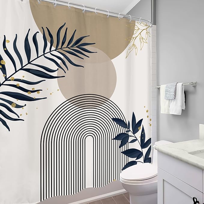Boho Shower Curtain 60Wx72H Modern Mid Century Abstract Gold Leaves Bohemian Minimalist Geometric Arch Plant Botany Bathroom Decor Neutral Aesthetic Bath Curtain Fabric Polyester 12 Pack Hooks - Image 3