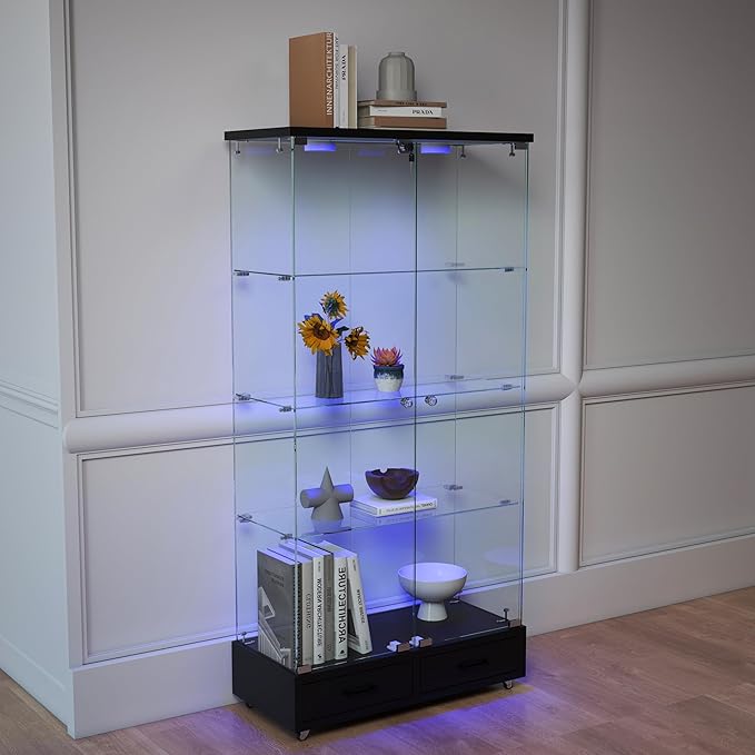 Yoluckea 4-Tier Glass Display Cabinet with LED Lighting and 2 Drawers, 2-Door Floor Standing Curio Cabinet with Wheel for Home, Office, Corner Display, Black Glass Bookshelf for Collections and Decor - Image 9