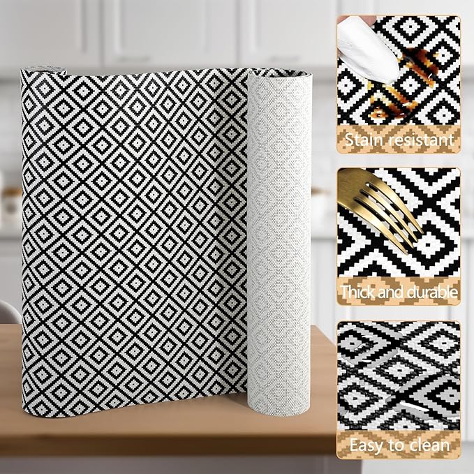 Drawer Shelf Liner Non Adhesive, Slip Resistant Easy to Clean Protect Kitchen Mats Thickened Strong Grip for Cabinet, Pantry, Tool Box, Cupboard, Dresser, Bathroom (Black and White, 12 in x 10 FT) - Image 3