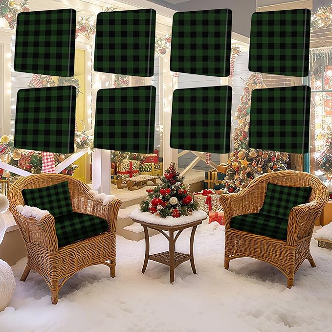 8Pcs High Elastic Sofa Seat Cushion Cover for Christmas, Reusable Print Green Checked Stretch Couch Cushion Slipcover for Outdoor Furniture Protector Replacement,Soft & Comfortable for Winter by CALBODE