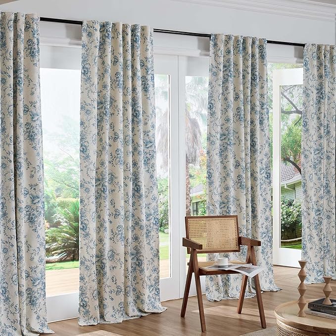 jinchan Blackout Linen Blend Curtain Floral Blackout Curtains for Living Room 84 Inch Length Blue Printed with Lined Blackout Curtain for Bedroom Farmhouse Curtains Set 2 Panels - Image 7