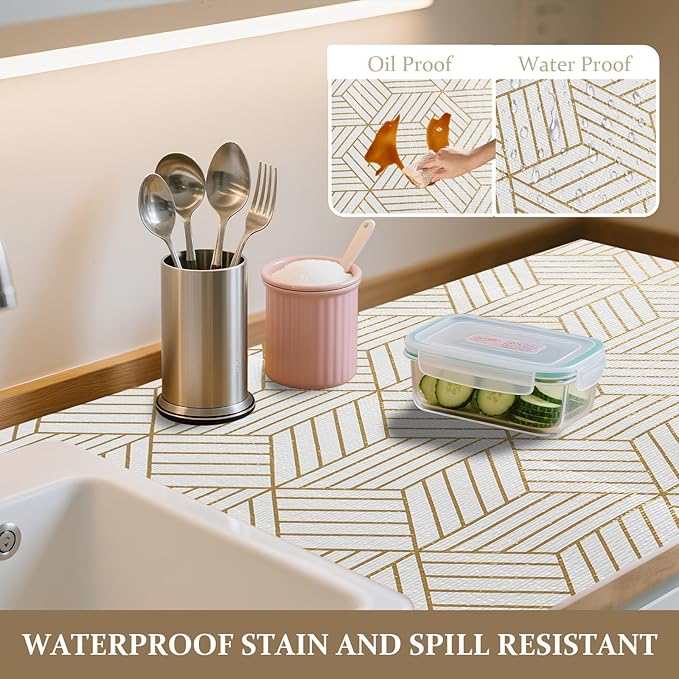 FINNEZ Drawer and Shelf Liner for Kitchen Cabinet Non Adhesive Non Slip 17in x 10FT, Heavy Duty Gripper Cabinet Liners, Waterproof No Residue Easy Cut with Measuring Tape & Cutter Tool (Golden Line) - Image 3