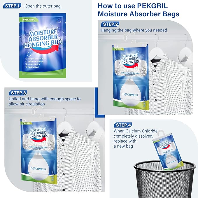 PEKGRIL Moisture Absorber Packets 6 Packs, 15 oz Hanging Dehumidifier Bags, Fragrance Free Humidity Packs for Closet, Bathroom, Kitchen, 420g/Pack - Image 4