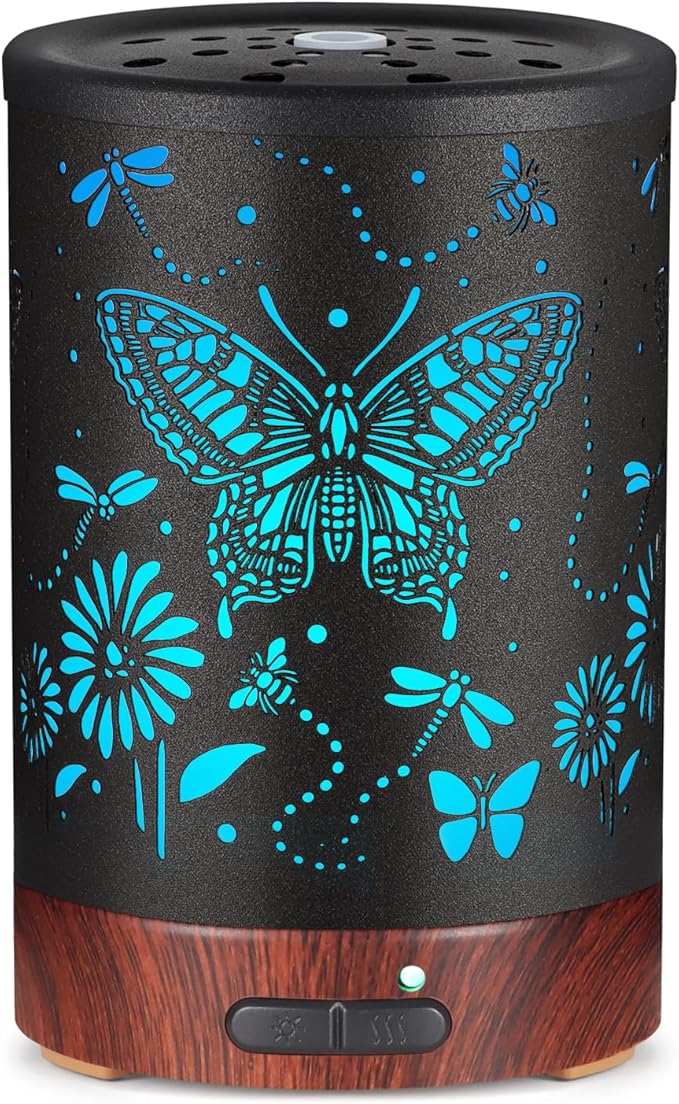 Metal Essential Oils Diffuser 150ML Aromatherapy Diffuser Cool Mist Humidifier with 7 Colors Lights Waterless Auto Off Air Diffusers as Gifts for Mom(Butterfly) by Kobodon
