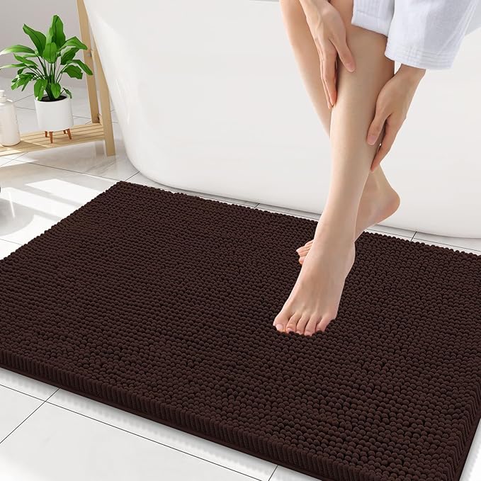 Smiry Luxury Chenille Bathroom Rugs 34x21, Extra Soft and Absorbent Shaggy Bath Mat, Machine Washable, Non-Slip Plush Carpet Runner for Tub, Shower, and Floor, Home Decor Accessories, Brown by Smiry