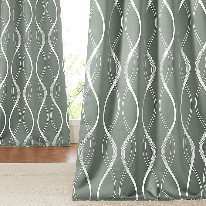 NICETOWN Greyish Green Curtain Panels for Bedroom, 2 Panels, 52 x 84 inch, Thermal Insulated Wave Line Foil Print Design Drapes for Patio Sliding Glass Door Spring Home Decor - Image 2