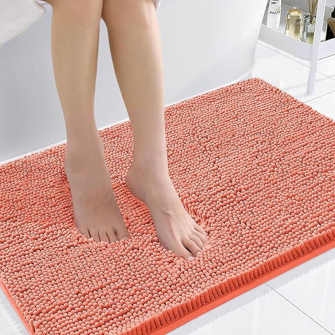 Smiry Luxury Chenille Bathroom Rugs 36x24, Extra Soft and Absorbent Shaggy Bath Mat, Machine Washable, Non-Slip Plush Carpet Runner for Tub, Shower, and Floor, Home Decor Accessories, Coral by Smiry