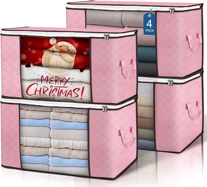 Budding Joy 90L Large Storage Bags, 4 Pack Clothes Storage Bins Foldable Closet Organizer Storage Containers Storage and Organization for Clothes, Blanket, Pillows and Toys (Pink) by BuddingJoy-BuildaJoyfulLifeforYou