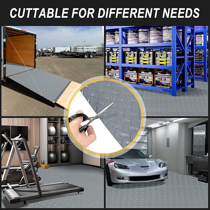 8x25 FT Garage Floor Mat, 2.8mm Thickened Flooring Roll for Under Car Diamond Plate PVC Rubber Mat with 20 Pcs Tapes, Non-Slip Floor Mat for Garage, Warehouse, Gyms, Trailer, Gray - Image 8