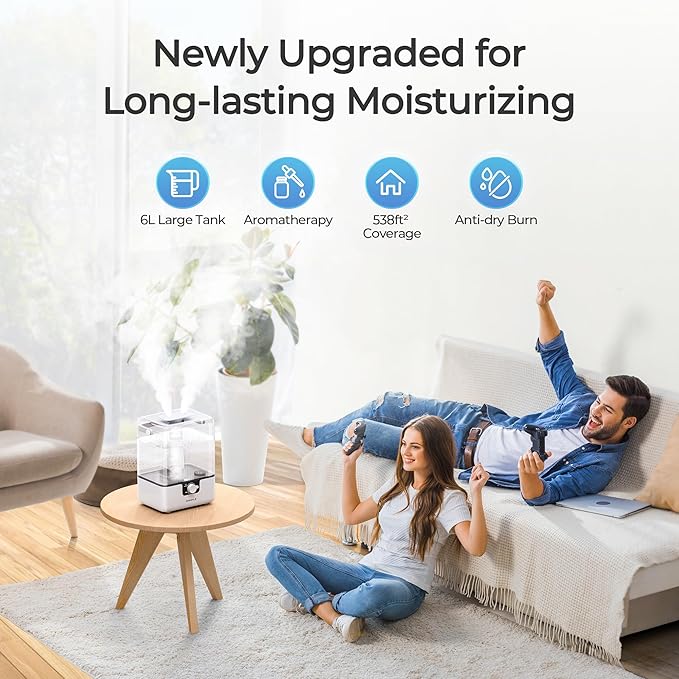 CHIVALZ Humidifiers for Bedroom, 6L Cool Mist Humidifiers for Baby Nursery, 26dB Quiet, 50H Runtime, Top Fill Humidifier for Large Room, Home, Plants, Nightlight, Oil Diffuser 1 Pack White - Image 2
