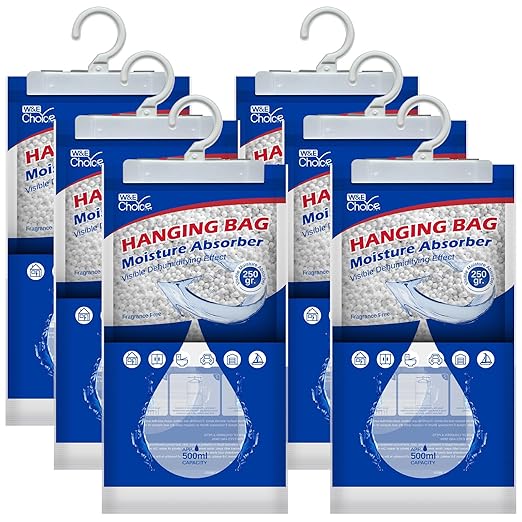 W&E Choice Moisture Absorbers Hanging Bag for Your Closet, Dehumidifier Bags for Bathroom, Fragrance Free Humidity Packs, 6 Pack by WEChoice