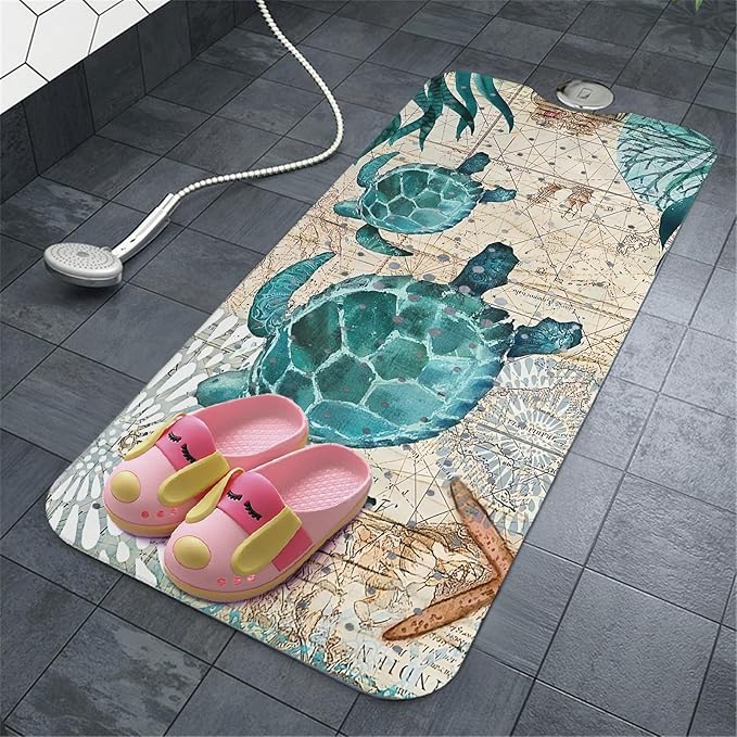 Sea Turtle Bathtub Mat Non Slip, Baby Bath Mat for Tub Rubber Tub Mat, Cute Kids Bath Mats for Bathroom Ocean Beach Anti Slip Shower Mat with Suction and Drain Holes Machine Washable, 40″X16″ - Image 7