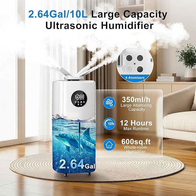 Uthfy 2.64Gal/10L Humidifier for Large Room, Dual 360° Nozzles Ultrasonic Humidifiers for Bedroom, Remote/Touch Control, Top Fill, 12H Timer - Image 2
