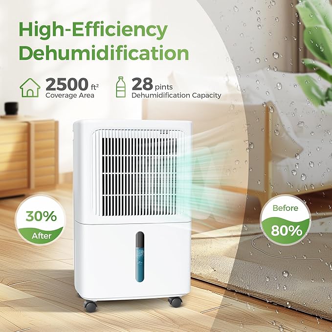 2,500 Sq Ft Home Dehumidifier with Drain Hose, 55 OZ Water Tank, 24 Hr Timer, 34 Pints High Efficiency Compressor for Basement, Bedrooms, Bathrooms and Laundry Rooms - Image 9
