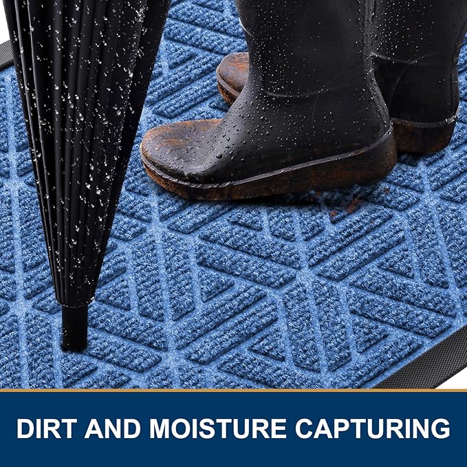 Smiry Front Door Mat Outside Entrance, Heavy Duty Sturdy Natural Rubber Doormat, Trap Dirt and Moisture, Easy Clean Low Profile Mats for Indoor Outdoor Entry, Grid Geometric (35x23, Blue) - Image 3
