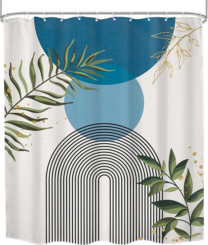 Blue Boho Modern Shower Curtain Mid Century Abstract Gold Green Leaves Sun Arch Minimalist Geometric Aesthetic Plant 60Wx72H Bathroom Decor Neutral Bath Curtain Fabric Polyester 12 Pack Hooks - Image 8