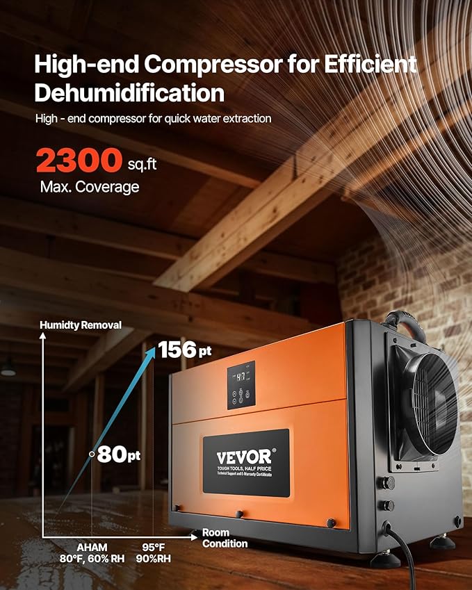 VEVOR 156 Pints Commercial Dehumidifier with Drain Hose, Portable Crawl Space Dehumidifiers for Basement Storage Room Industrial Grade, Auto Defrost/Drainage, Heavy-duty Galvanized Steel, LED Indicate - Image 2