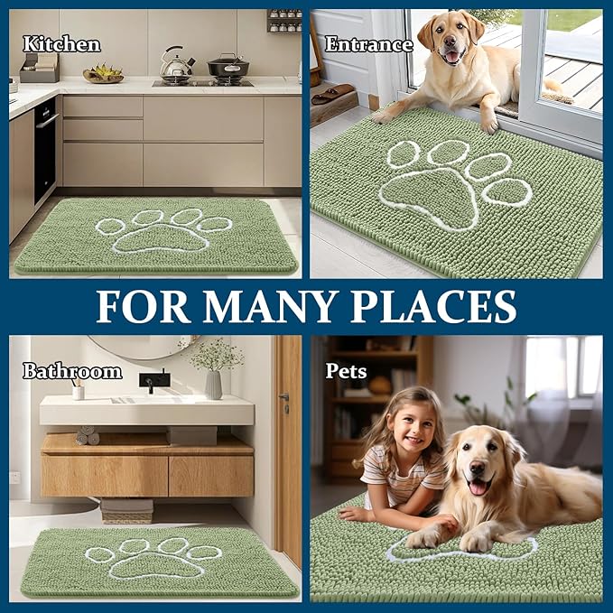 OLANLY Dog Door Mat for Muddy Paws 48x30, Paw Print Design, Absorbs Moisture and Dirt, Non-Slip Washable Doormat, Quick Dry Chenille Mud Mat for Dogs, Entry Indoor Entryway Carpet, Sage Green - Image 8