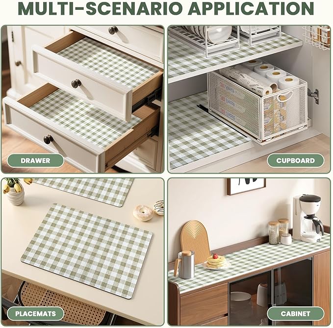 Drawer Liner and Shelf Liner for Kitchen Cabinet Liner Non-Adhesive Non-Slip Shelf Paper, Thick Strong Grip Waterproof Easy to Clean for Shelves, Cupboard, Desks, Green Plaid Pattern, 23.6 in x 30 FT - Image 7